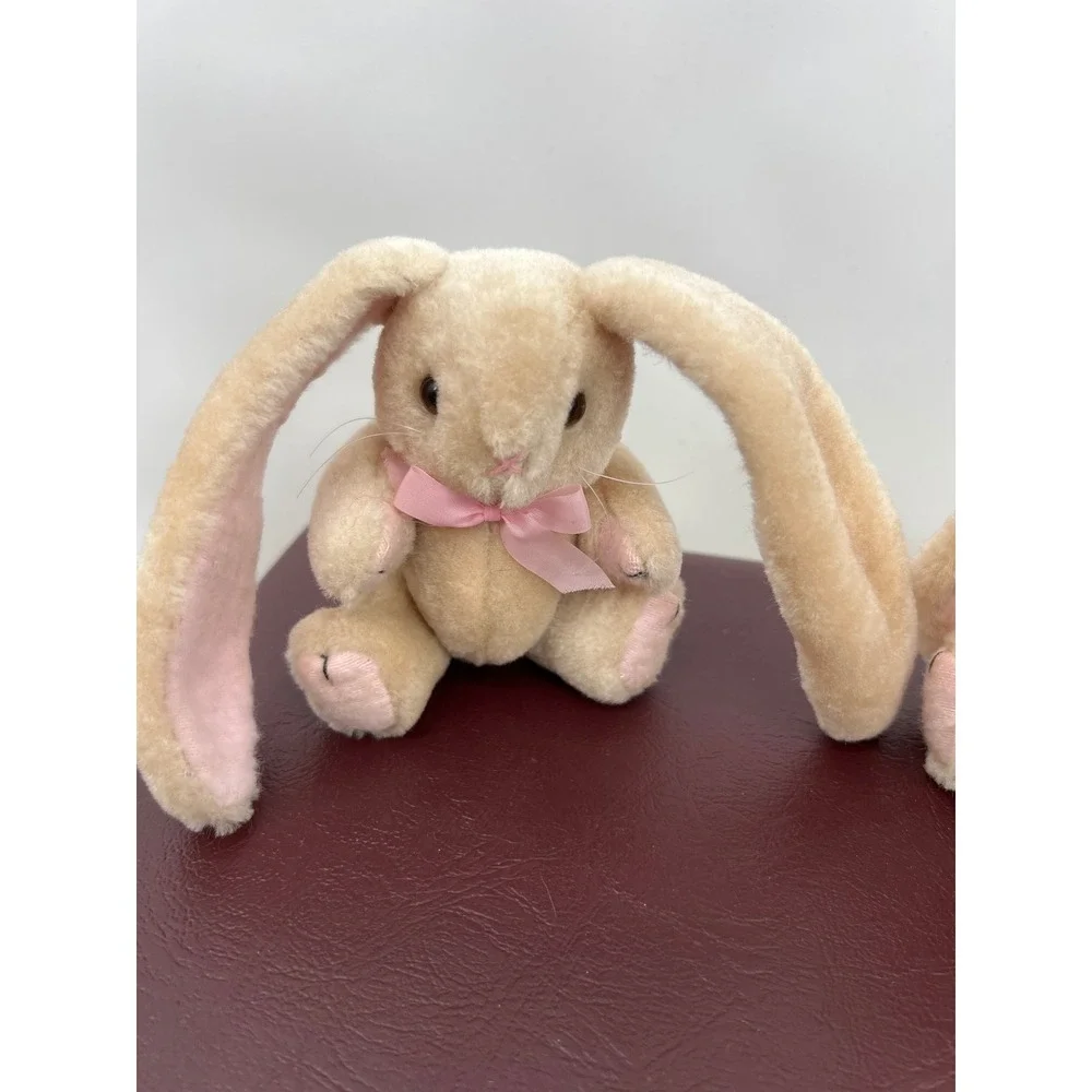 Vtg Wangs Int'l Jointed Plush Bunny Rabbit Pair Twins Pink Bow Floppy Ears‎ 5